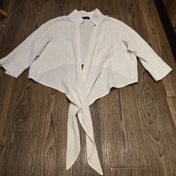 Comfy USA White Gauze Top Crepe Tie Front Blouse Vacation Beach Cotton Casual L - Picture 8 of 16